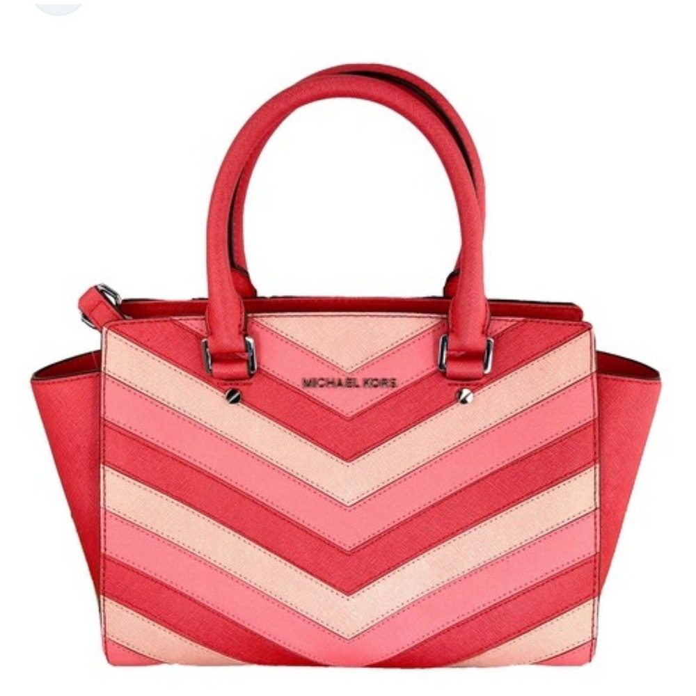 Michael Kors Selma Chevron-Striped Medium Top Zip Satchel Crossbody Pink & Coral